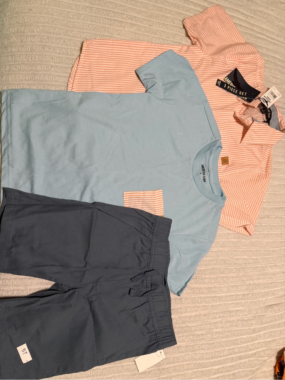 3-Piece Kids Tee & Short Set - Light Blue, Peach Stripe, Navy - Unbranded